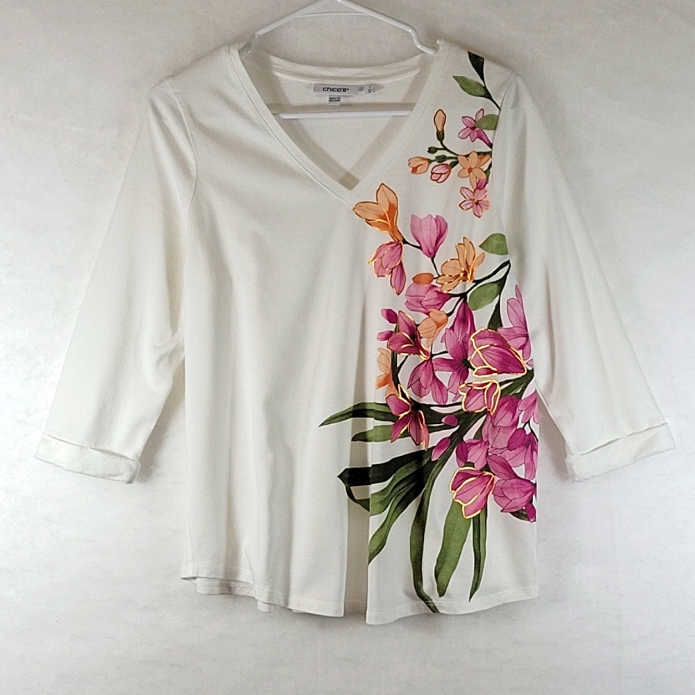 CHICO'S Floral 3/4 Sleeve Tee Size Chico's 1 - Picture 10 of 10